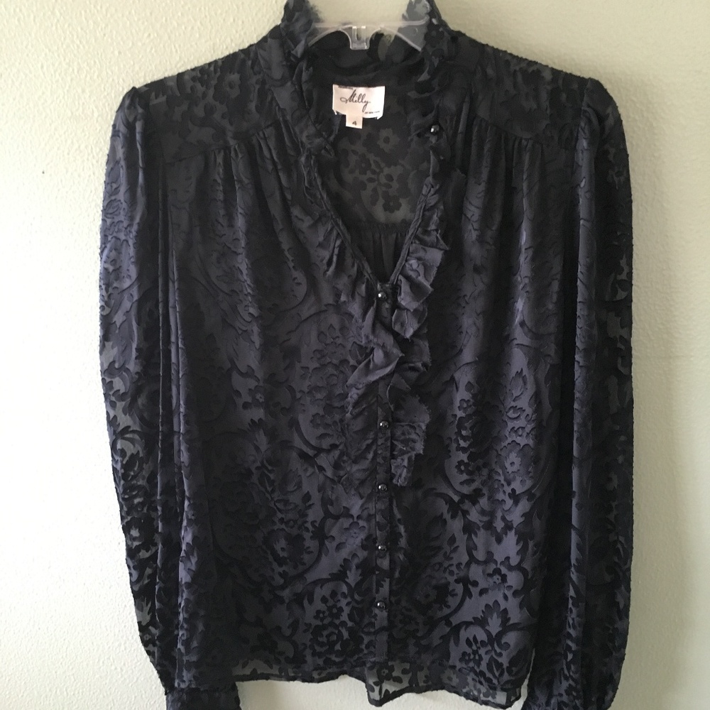 Milly Sheer Ruffle Button Down Blouse - image 1